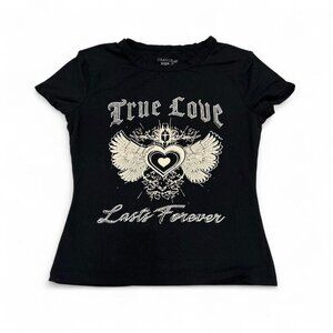 Y2K Orange Kiss “True Love Lasts Forever” Rhinestone Graphic Baby Tee – Size Sma